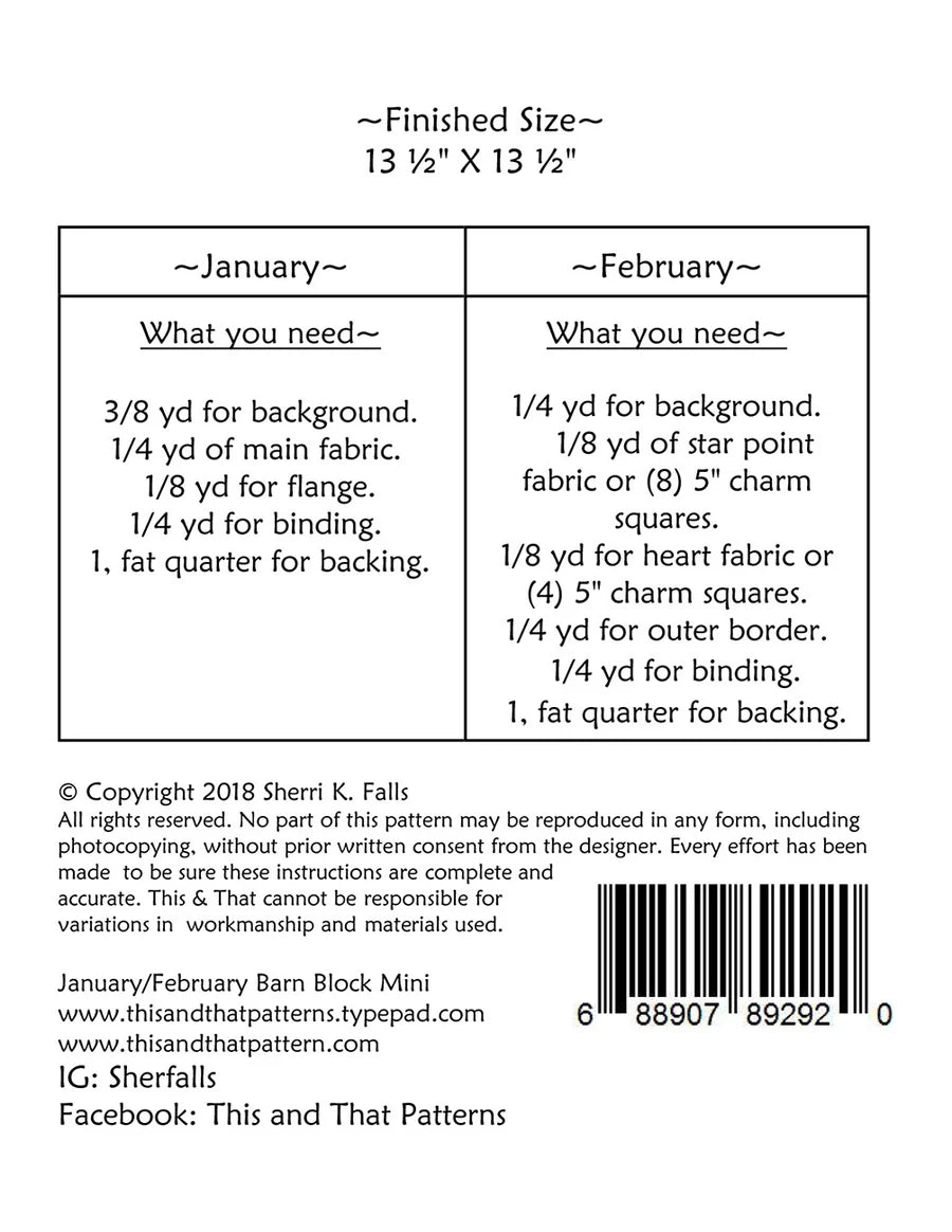 January and February Barn Block Mini Pattern