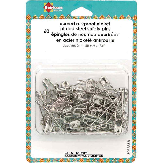 Heirloom 60 1.5" Curved Rustproof Nickel Plated Steel Safety Pins